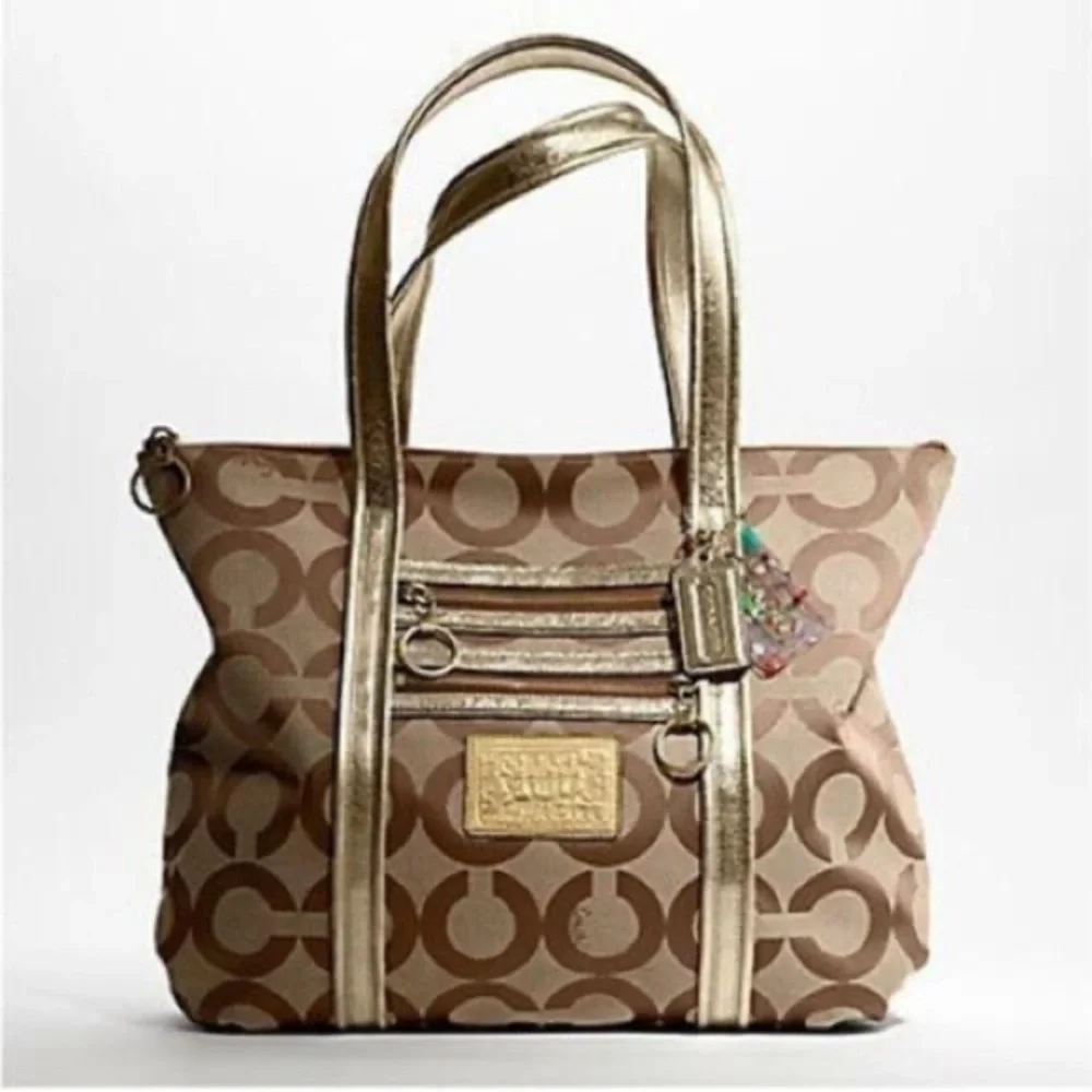 Coach Poppy C op art glam bronze metallic leather brown jacquard canvas tote bag